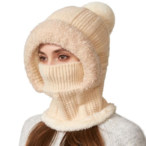 HUAMULAN Women Cable Knit Balaclavas Winter Fleece Lined Beanie Hat - color: Solid Beige