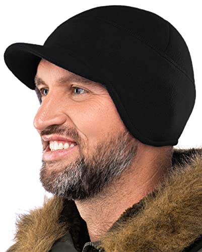 2SBR 2SABERS Fleece Winter Beanie with Visor - Men Women - Earflap Brim Skull Watch Cap Hat - color: Black, size: X-Large