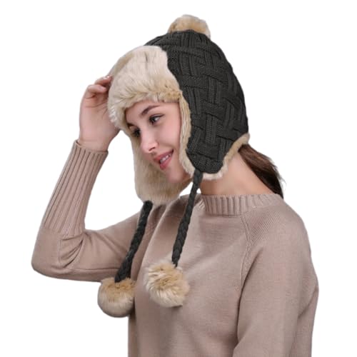 PENINSULA LOVE Women Peruvian Trapper Hat Faux Fur Ushanka Russian Hat Earflap Eskimo Beanie Winter Knitted Cap with Pompom - color: Black