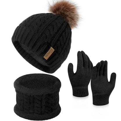 Kids Winter Hat Gloves Scarf Set, Boys and Girls Beanie Hat - color: Black White