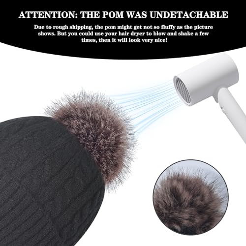 FENELY Women's Knitted Warm Beanie Winter Hat, Warm Chunky Snow Hat with Pompom - color: Black