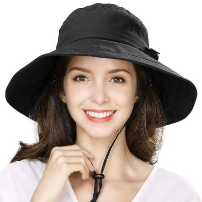 Comhats Packable Summer Cotton Sun Hat Bucket for Women UV Protection Wide Brim Beach Gardening Travel 54-64CM - color: Black, size: Medium