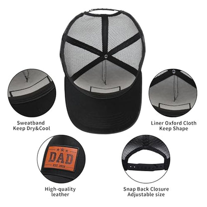 Dad EST.2026 Trucker Hat Baseball Cap for Men, Leather Patch Unique Dad Gifts Perfect Fathers Day Birthday Christmas - color: Black