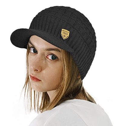 Women's Soft Knitting Visor Beanie Winter Hat with Brim Fleece Lining Baseball Cap - color: Black