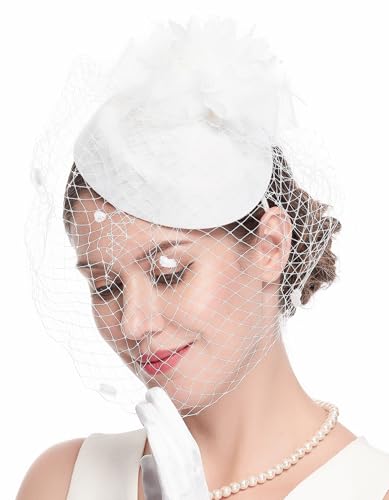 Fascinator Hats for Women 20s 50s Vintage Pillbox Hat Kentucky Derby Fascinators Flower Veil Wedding Tea Party Hat - color: 1-white Set-1