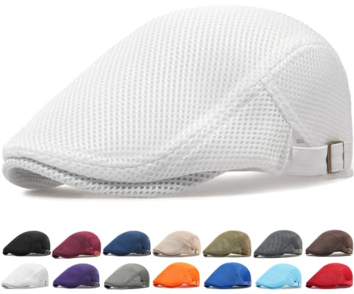 Initlove Mens Mesh Newsboy Cap Breathable Beret Ivy Hat Cabbie Driving Hats for Women - color: White