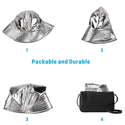 Reversible PU Leather Bucket Hats for Women Solid Color Double Wear Summer Hat Unisex - color: Silver