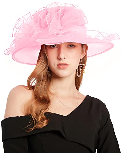Women's Kentucky Derby Church Dress Hat Wide Brim Leaf Flower Bridal Shower Hat - color: G5 Pink