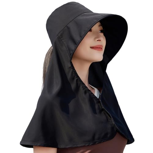 HUAMULAN Women Wide Brim Summer Sun Hat Ponytail Hole with Neck Flap - color: Black With Neck Flap