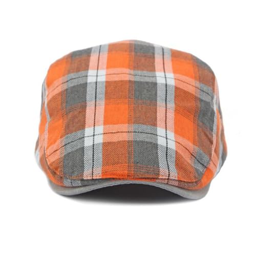 Mens Plaid Newsboy Flat Cap Ivy Gatsby Driving Hunting Cabbie Hat - color: Orange-plaid a