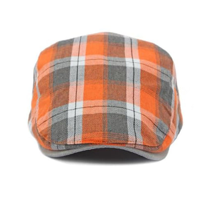 Mens Plaid Newsboy Flat Cap Ivy Gatsby Driving Hunting Cabbie Hat - color: Orange-plaid a