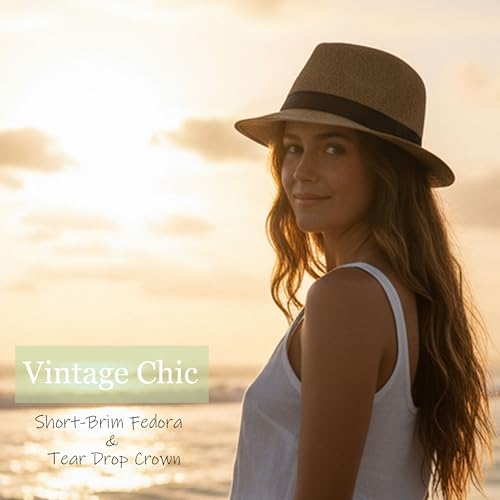 Classic Short Brim Fedora Summer Beach Trilby Hat - color: Black Band-khaki