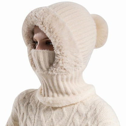 HUAMULAN Women Winter Knit Beanie Hats One Piece Fleece Lined Balaclavas - color: Beige + Faux Fur