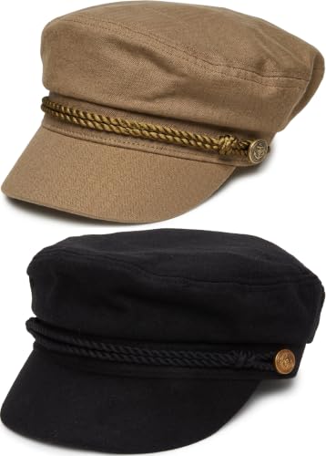 Funky Junque Greek Fisherman Newsboy Cap, Cotton Captains Bakerboy Hat - color: 2 Pack - Taupe & Wool - Black