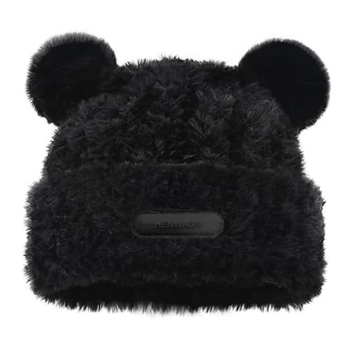 Cute Fuzzy Bear Ears Beanie Hat with Pompom Women's Furry Beanie - color: Black