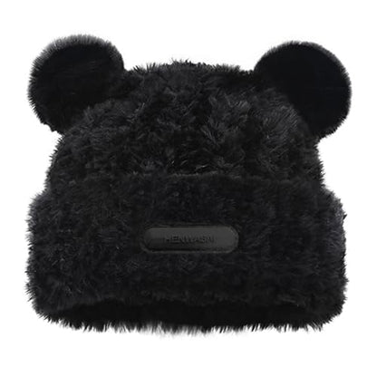 Cute Fuzzy Bear Ears Beanie Hat with Pompom Women's Furry Beanie - color: Black