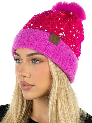 Funky Junque Women's Sequin Pom Beanies – Soft Knit Sparkly Bling Winter Hats for Women, Faux Fur Pom Glitter Sparkle Hat - color: Chunky Sequin - Hot Pink
