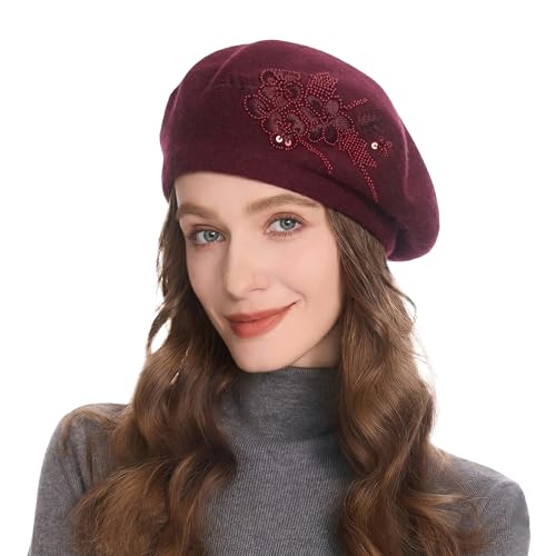 ZLYC Women French Beret Hat Reversible Knit Thickened Warm Artist Cap - color: Embroidered Flower Burgundy