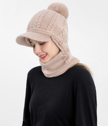 HUAMULAN Women Cable Knit Balaclavas Winter Fleece Lined Beanie Hat - color: Khaki With Pompom