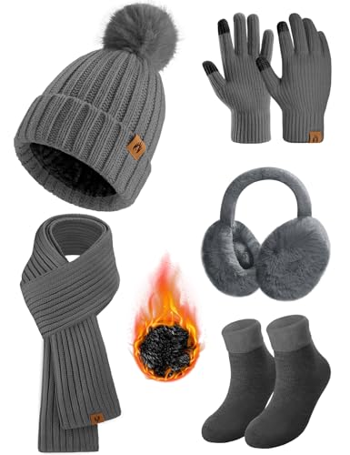 HEEKPEK Winter Beanie Hats Scarf Gloves Ear Muffs Fuzzy Socks 5pcs Set for Women Cold Weather Beanies Touch Screen Gloves - color: Dark Grey