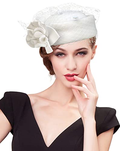Z&X British Vintage Wool Felt Pillbox Hat Ladies Church Derby Winter Fascinator Hat Veil Flower Fedoras - color: 033a Ivory White Wool Floral