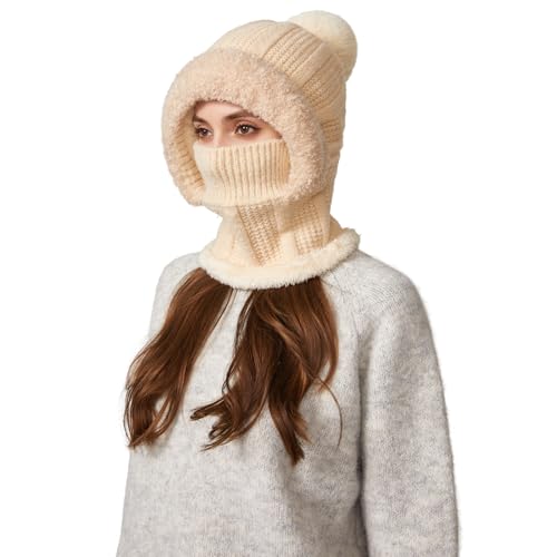 HUAMULAN Women Cable Knit Balaclavas Winter Fleece Lined Beanie Hat - color: Solid Beige