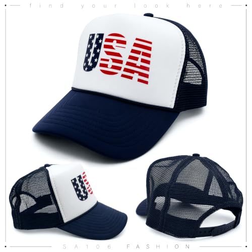 American Flag Patriotic USA Classic 5 Panel Mesh Snap Back Trucker Hat - color: Navy - Usa