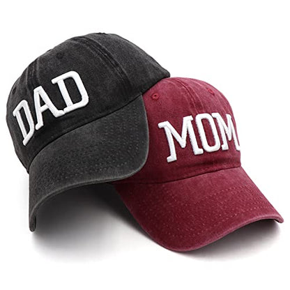 Mom and Dad Hats Fathers Day Mom Dad Gifts Hat Embroidered Adjustable Baseball Caps New Parents Gifts for Couples - color: Red Mom Hat and Black Dad Hat