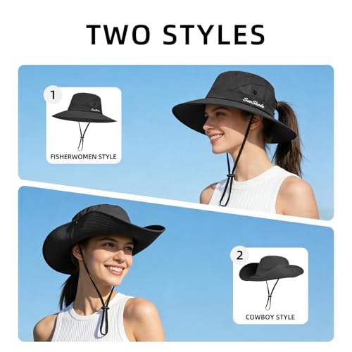 Rosoz Ponytail Sun Bucket Hats for Women UV Protection Foldable Wide Brim - color: 1 Pack-black