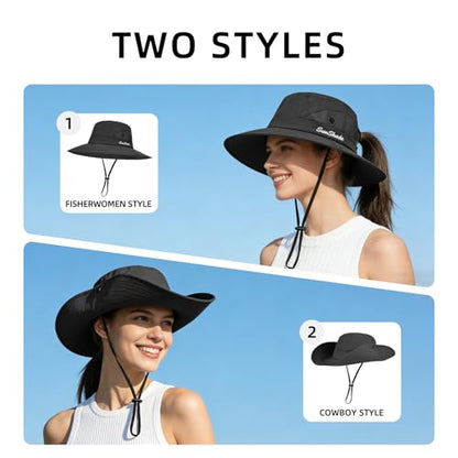 Rosoz Ponytail Sun Bucket Hats for Women UV Protection Foldable Wide Brim - color: 1 Pack-black
