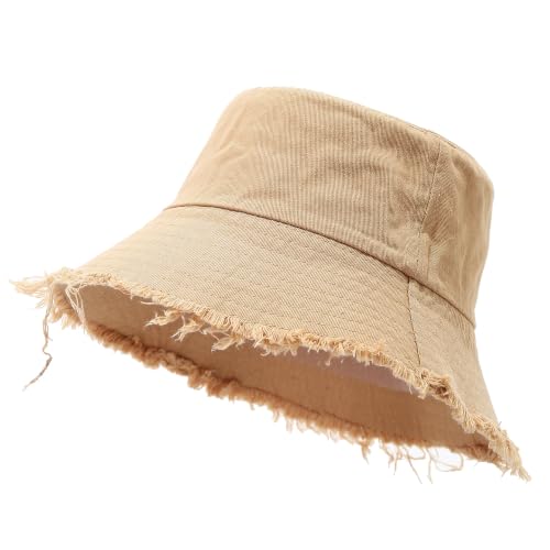 Quanhaigou Frayed Unisex Sun Hats, Fashion Beach Bucket Hat for Men Women,Summer Outdoor Boy's Girls Boonie Cap - color: Vintage Khaki