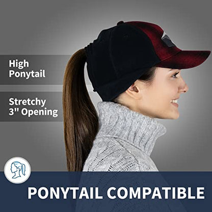 TrailHeads Women's Ponytail Trucker Hat, Running, Hiking & Outdoor Sports - color: Red Plaid W/Logo