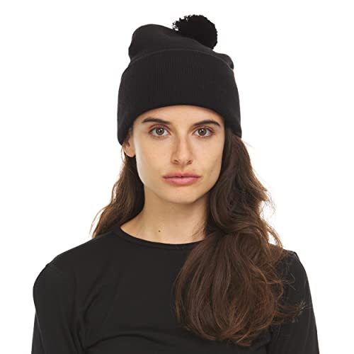 100% Merino Wool - Midweight Cuff Pom Beanie - Winter Pom Pom Hat - color: Black