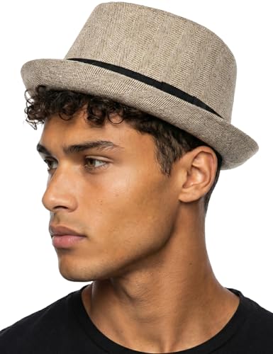 Funky Junque Wool Blend Porkpie Fedora, Classic Trilby Dress Hat - color: Brown Herringbone, size: Large