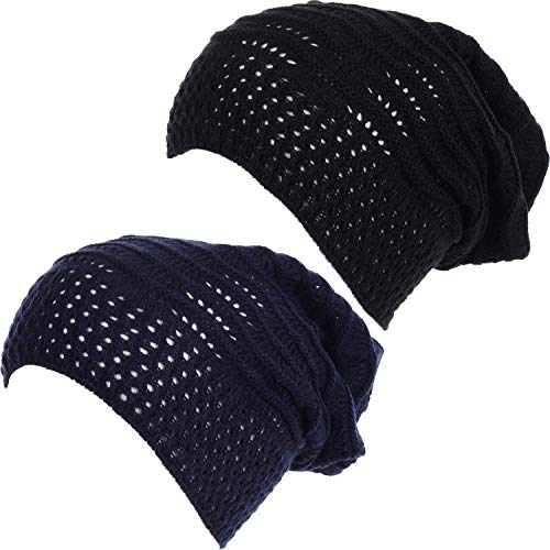 BYOS Women's Airy Cool Lightweight Cutout Long Slouchy Crochet Knit Beanie Hat - color: 2 Pack-wavy Line Navy & Bk