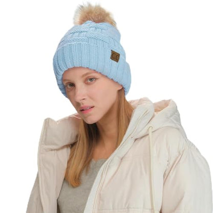 C.C Knit Beanie Hat – Fuzzy Fleece Lined Warm Winter Hat, Faux Fur Pom Soft Stretchy Slouchy Knit Cap, Cold Weather Beanie - color: Sky Blue