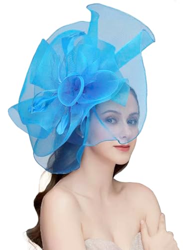 Women's Fascinators Hat for Women Tea Party Headband Wedding Cocktail Flower Mesh Feathers Hair Clip - color: 01 Blue