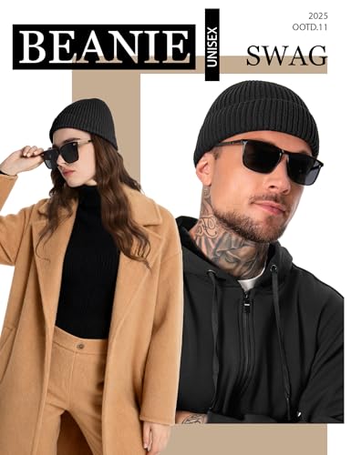 Fleece Lined Wool Short Fisherman Beanie Men Women Cuff Winter Hat - color: 1pc-black