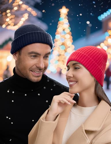 vidsel 50% Wool Double Cuff Beanie Hat for Men Women, Warm Winter Knit Cap - color: Navy Blue
