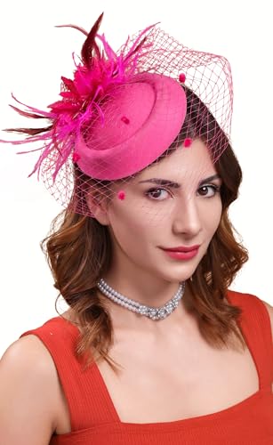 Fascinators Hats for Women Pillbox Hat 20s 30s 50s Vintage Feather Headwear Bowler Flower Veil Wedding Tea Party Hat - color: X-rose