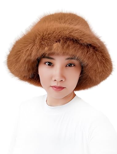 Lina & Lily Oversized Winter Faux Fur Bucket Hat for Women - Long Pile Fur Wide Moldable Brim - color: Light Brown