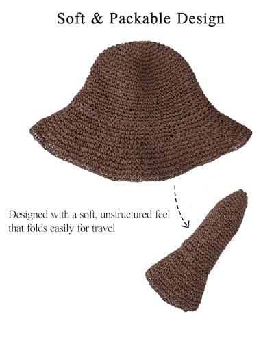 Womens Crochet Straw Sun Hat Foldable Floppy Wide Brim Beach Hat for Summer - color: Coffee