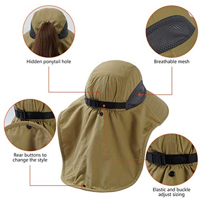 BASSDASH UPF 50+ Unisex Water Resistant Wide Brim Sun Hat with Large Neck Flap Ponytail Fishing Hat for Men Women - color: Dark Khaki