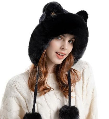 Outdoor Warm Earflap Beanie Hat with Brim Baseball Slouchy Knitted Visor Skull Caps for Women Men Black - color: Black