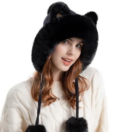 Outdoor Warm Earflap Beanie Hat with Brim Baseball Slouchy Knitted Visor Skull Caps for Women Men Black - color: Black