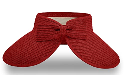 Straw Sun Visor for Women, Wide Brim UPF 50+ Protection Beach Hat, Adjustable, Roll Up Foldable Ponytail Cap with Chin Strap - color: Red