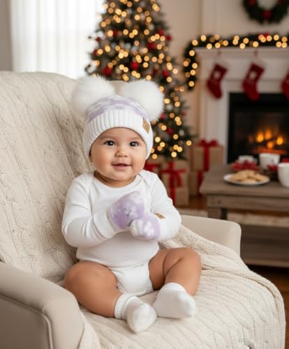 Funky Junque Baby Double Faux Fur Pom Pom Beanie & Mittens Set – Newborn Infant 0–9 Months Winter Hat with Soft Lined Mittens - color: Daisy: Lavender (0-9 Months)