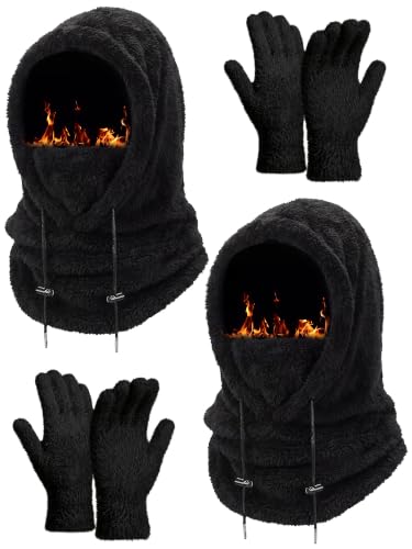 4 Pcs Winter Fleece Balaclava Ski Mask Glove Men Women - color: Black