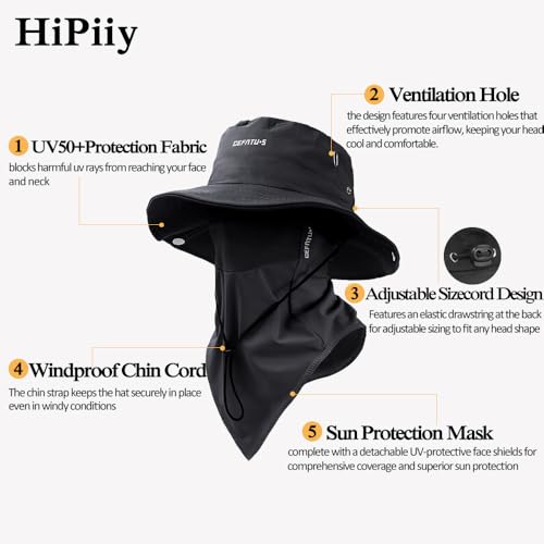 Wide-Brimmed Sun Hat,Fishing Hat,for Beach Fishing, Hiking,Camping,with Cooling Silk Mask to Block Mosquitoes(Hat + Mask) - color: Black