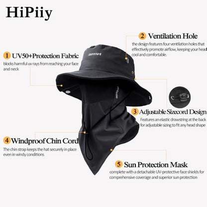 Wide-Brimmed Sun Hat,Fishing Hat,for Beach Fishing, Hiking,Camping,with Cooling Silk Mask to Block Mosquitoes(Hat + Mask) - color: Black